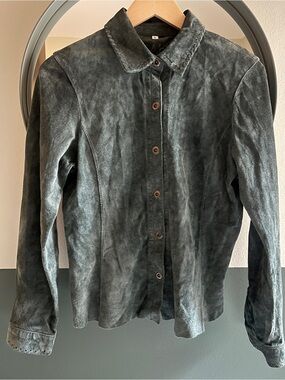 CAbi Suede Sage Green Snap Front Whipstitch Long Sleeve Shirt Top Women's S